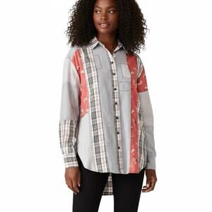 Free People Patchwork Oversized Long Sleeve Shirt Womens L Gray Red Retro Boho